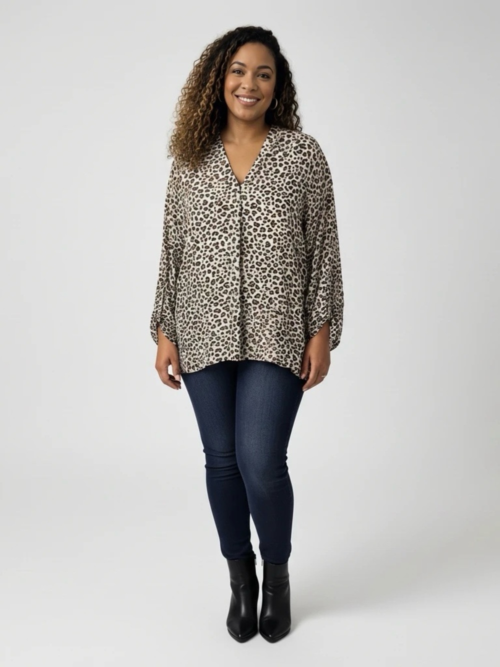 Entro Leopard Print V-Neck Blouse - Beige/Black, Women’s Large